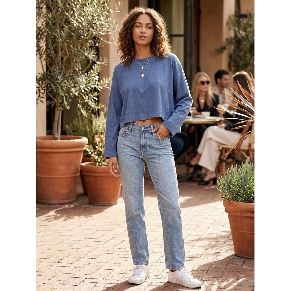 Madewell Northside Long-Sleeve Vintage Tee Blue Cropped Cotton Shirt S CKP4950